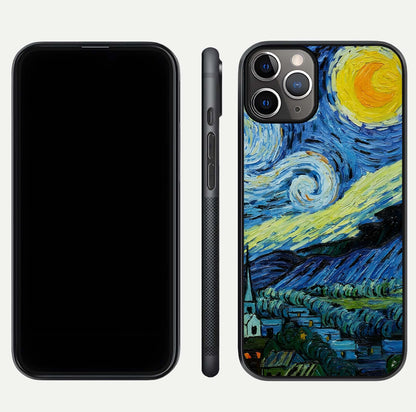Inspired Van Gogh Art Glass Case for iPhone 11 Pro Max close-up angled shot showing brushstroke texture and shine detail