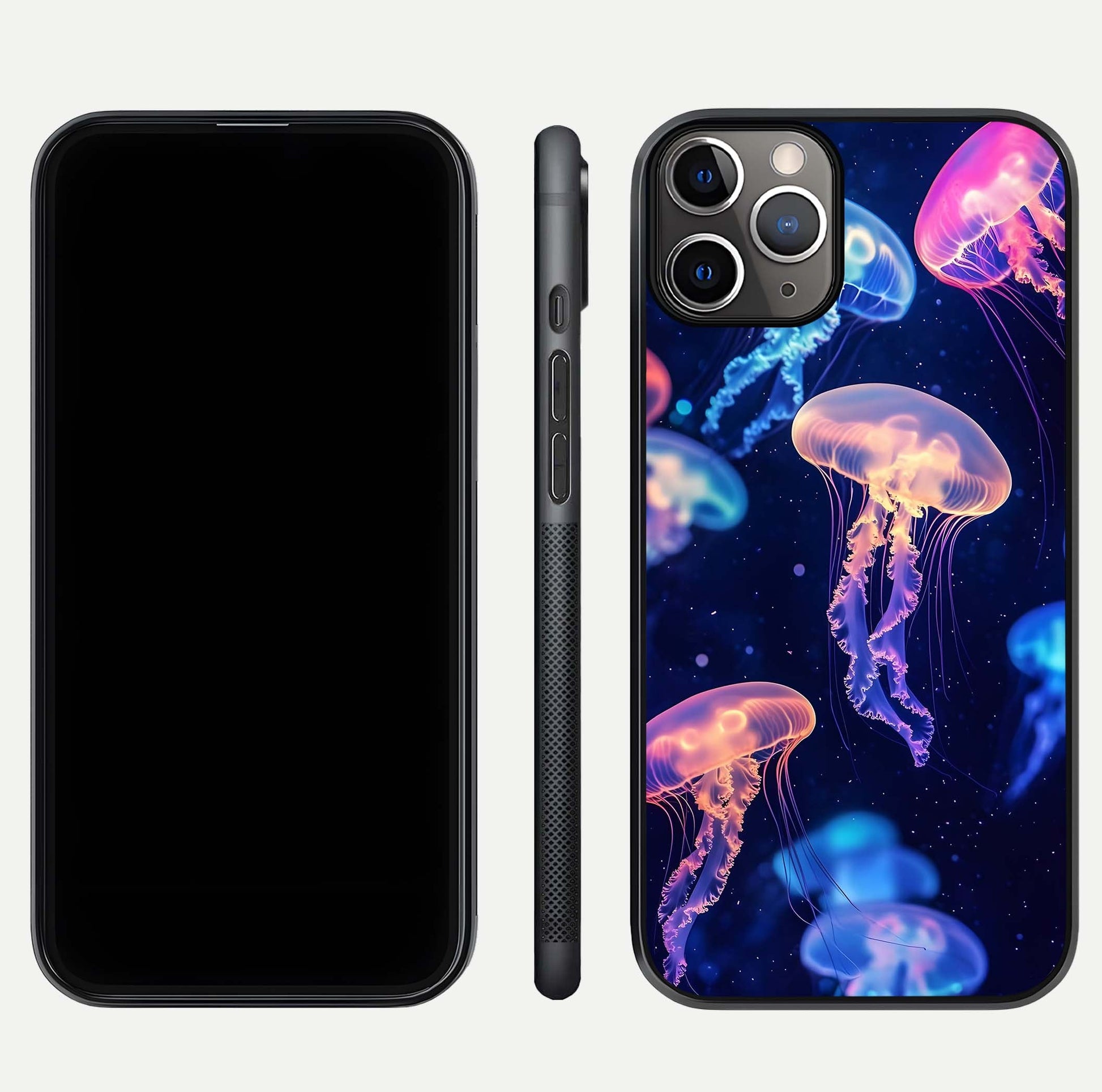 Jellyfish Pattern Glass Case for iPhone 11 Pro Max close-up angled shot showing translucent tentacles and light reflection