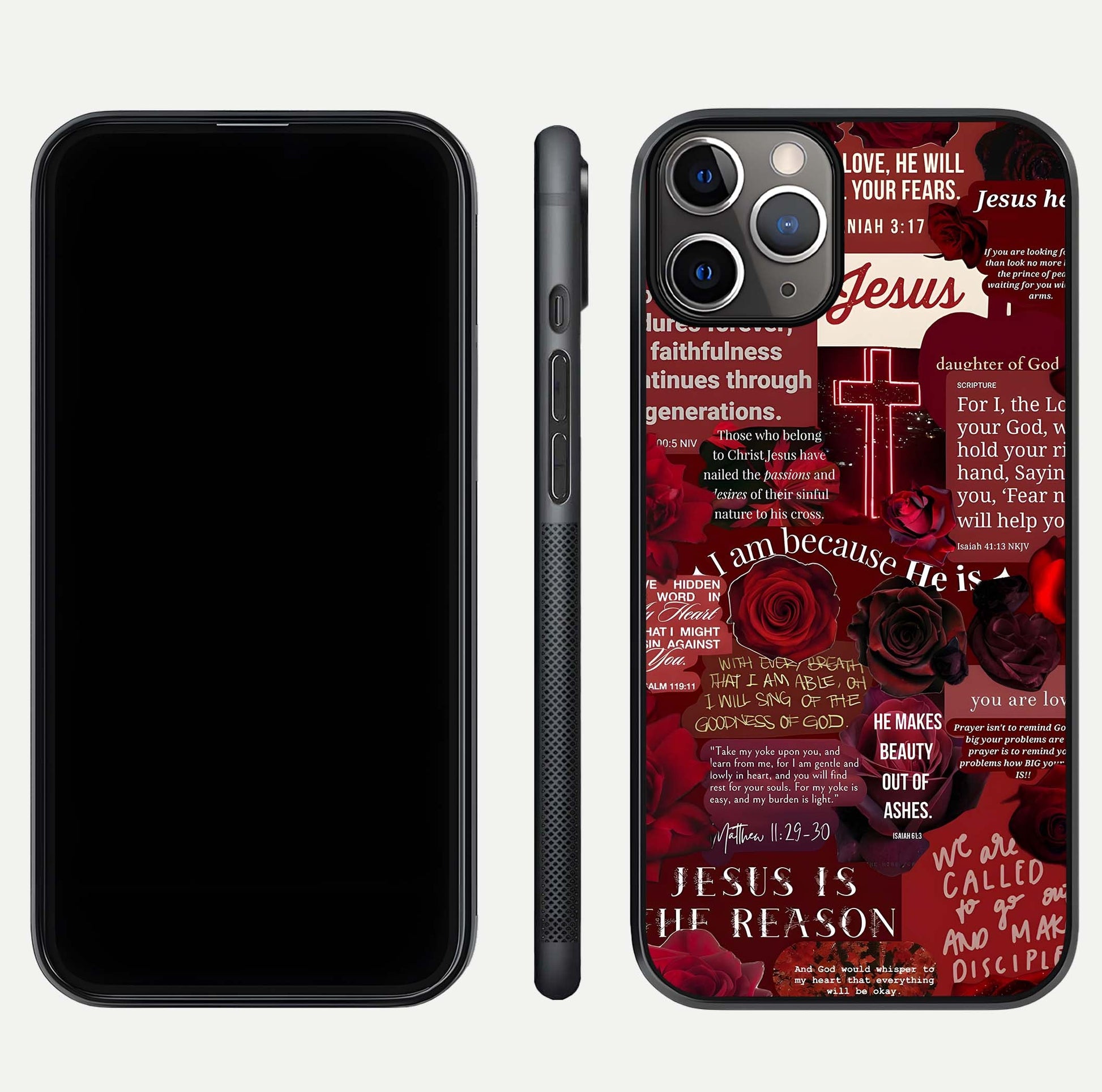 Jesus Love Heals Glass Case for iPhone 11 Pro Max close-up angled shot showing healing text, cross detailing, and reflection