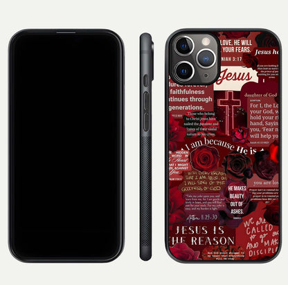 Jesus Love Heals Glass Case for iPhone 11 Pro Max close-up angled shot showing healing text, cross detailing, and reflection