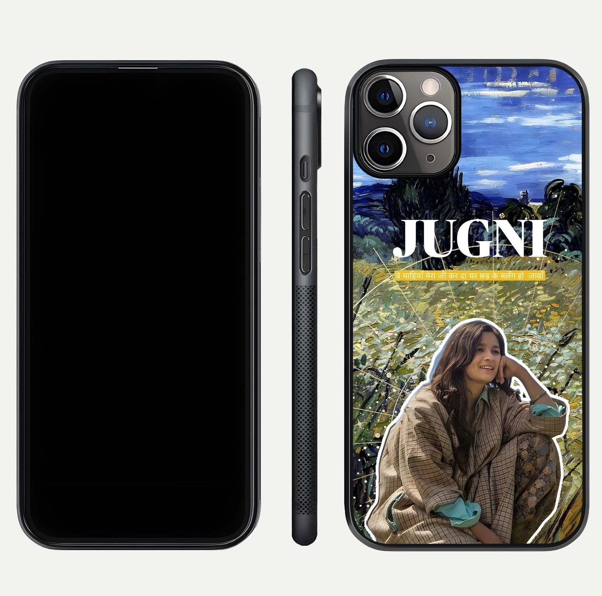 Jugni Soul Vibes Glass Case for iPhone 11 Pro Max close-up angled shot showing typography detail and vibrant gloss reflection