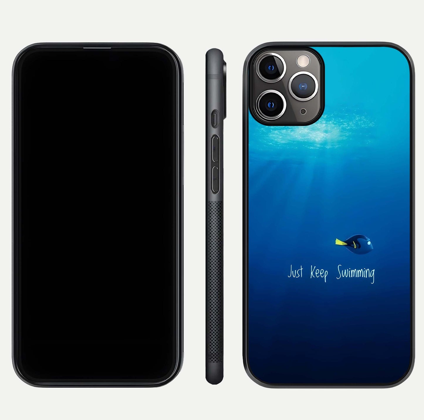 Just Keep Swimming Glass Case for iPhone 11 Pro Max close-up angled shot showing elegant lettering and blue tone reflection
