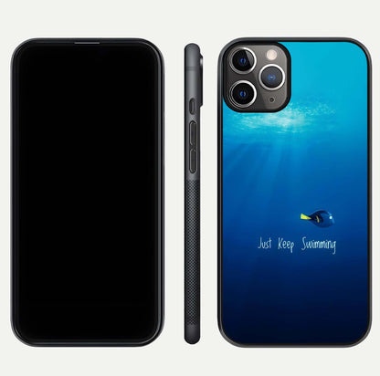 Just Keep Swimming Glass Case for iPhone 11 Pro Max close-up angled shot showing elegant lettering and blue tone reflection