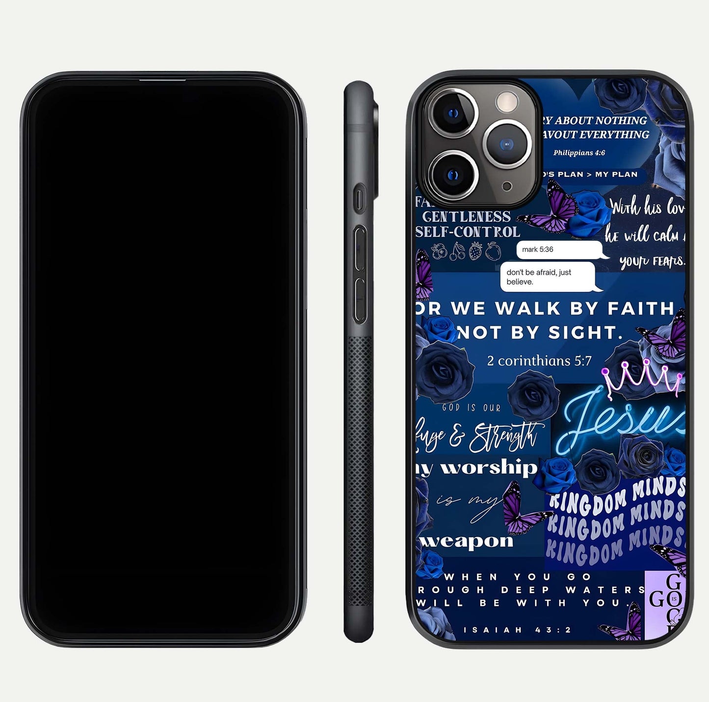 Kingdom Faith Glow Glass Case for iPhone 11 Pro Max close-up angled shot showing luminous text and divine reflection
