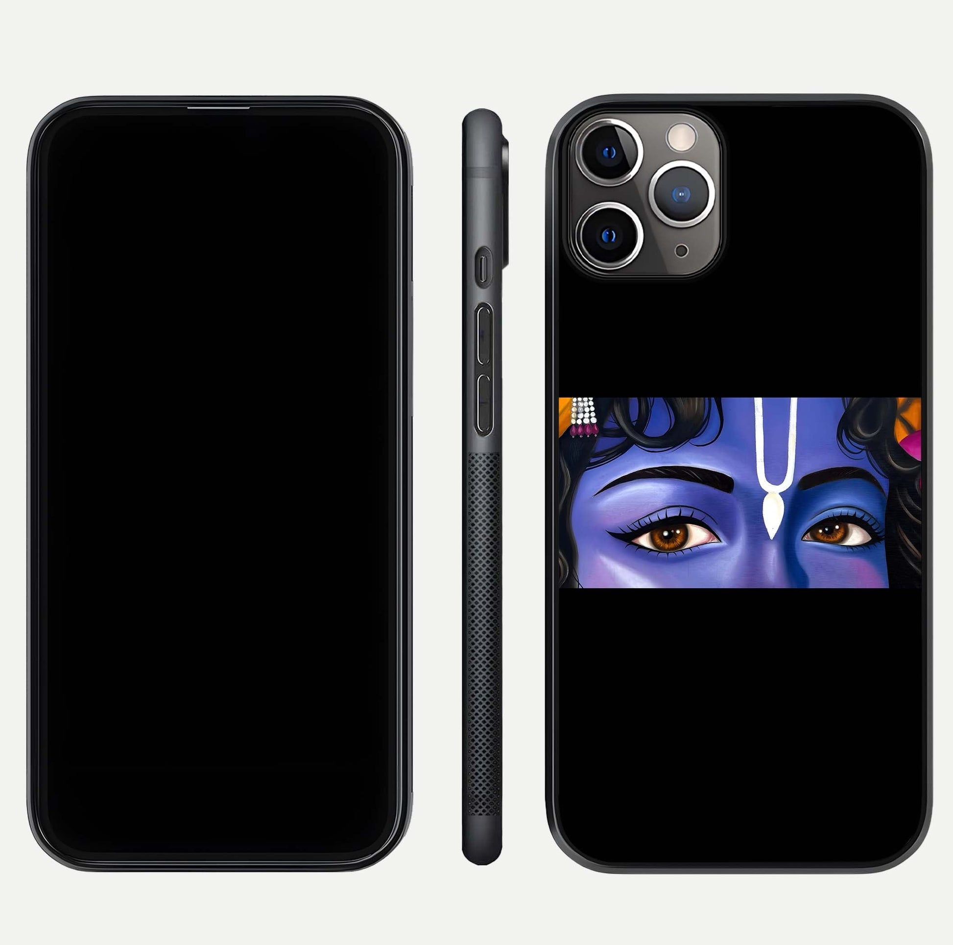 Krishna Eye Glass Case for iPhone 11 Pro Max close-up angled shot showing intricate artwork and reflection shine