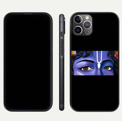 Krishna Eye Glass Case for iPhone 11 Pro Max close-up angled shot showing intricate artwork and reflection shine