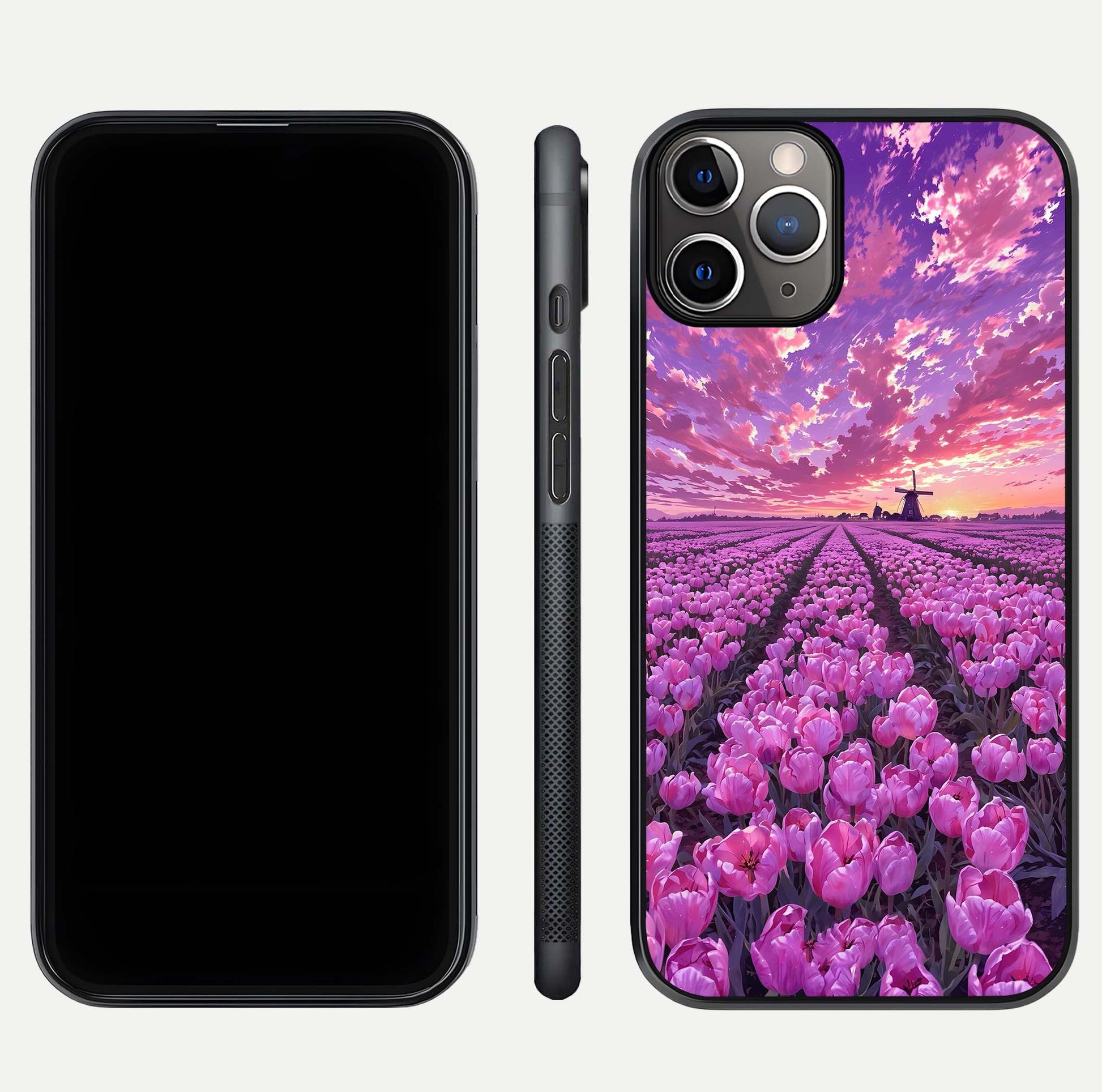 Lavender Dream Skies Glass Case for iPhone 11 Pro Max close-up angled shot showing purple hues and soft reflection