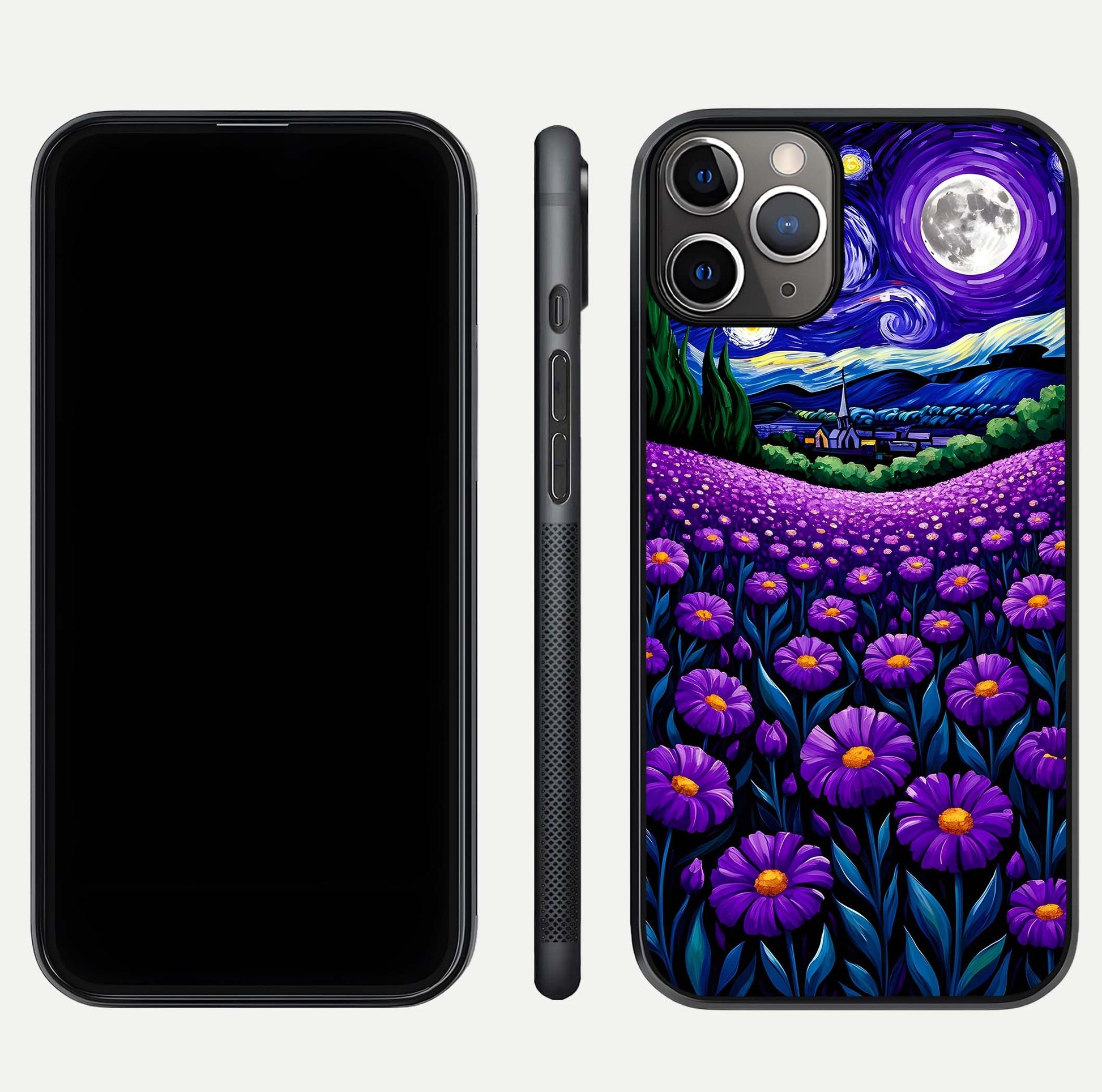 Lavender Moon Field Glass Case for iPhone 11 Pro Max close-up angled shot showing moon glow and purple detailing