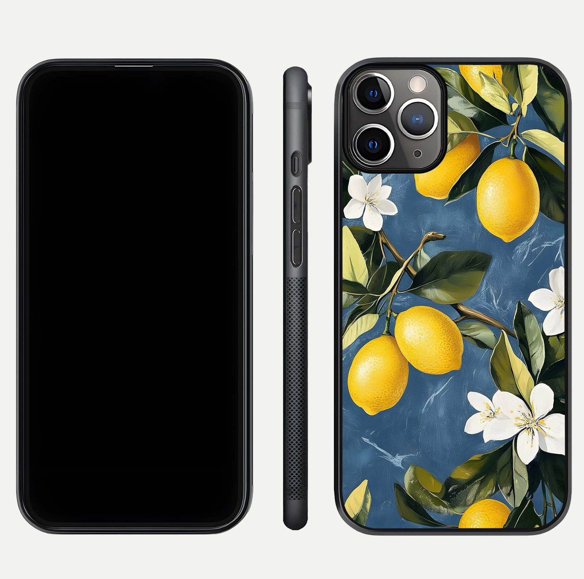 Lemon Dream Garden Glass Case for iPhone 11 Pro Max close-up angled shot showing fruit details and shine reflection