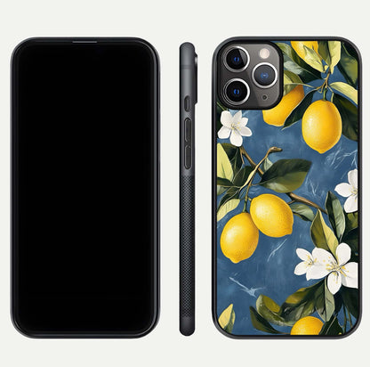 Lemon Dream Garden Glass Case for iPhone 11 Pro Max close-up angled shot showing fruit details and shine reflection