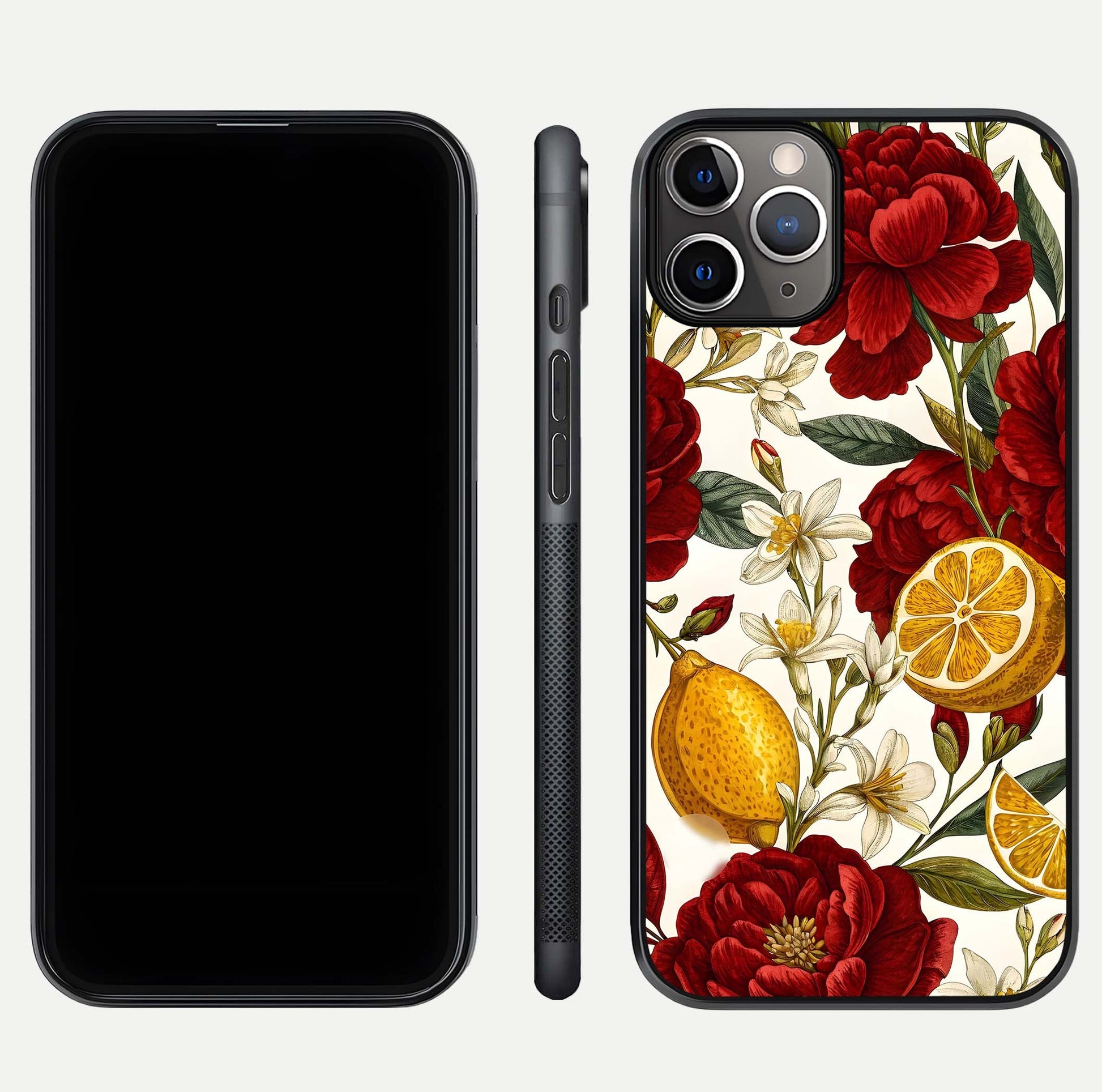 Lemon Rose Charm Glass Case for iPhone 11 Pro Max angled close-up showing vivid rose details and HD glass reflection