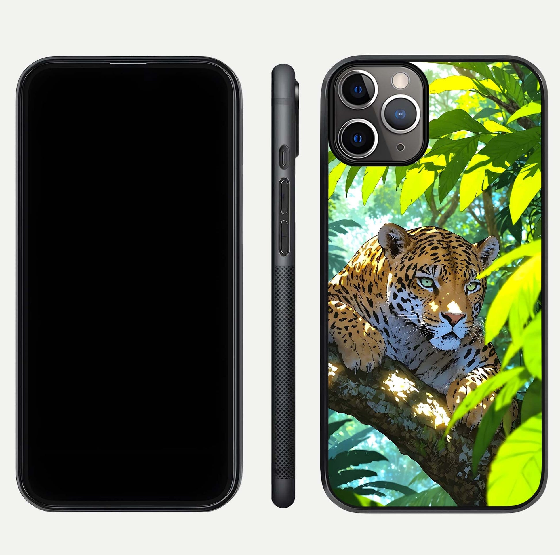 Leopard in Jungle Glass Case for iPhone 11 Pro Max angled close-up showing fur texture and glossy shine reflection