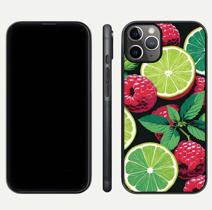 Lime and Raspberry Pattern Glass Case for iPhone 11 Pro Max angled close-up showing fruit texture and reflection glow