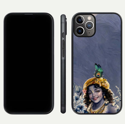 Lord Krishna Glass Case for iPhone 11 Pro Max angled close-up showing intricate flute and reflection details