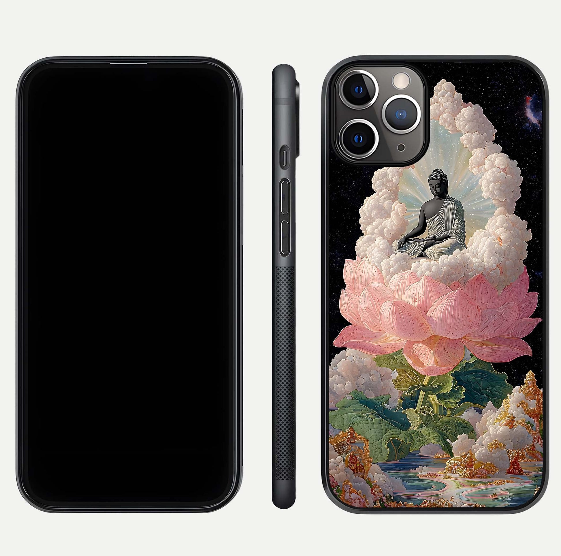 Lotus Divine Peace Glass Case for iPhone 11 Pro Max angled close-up showing delicate petals and gloss reflection