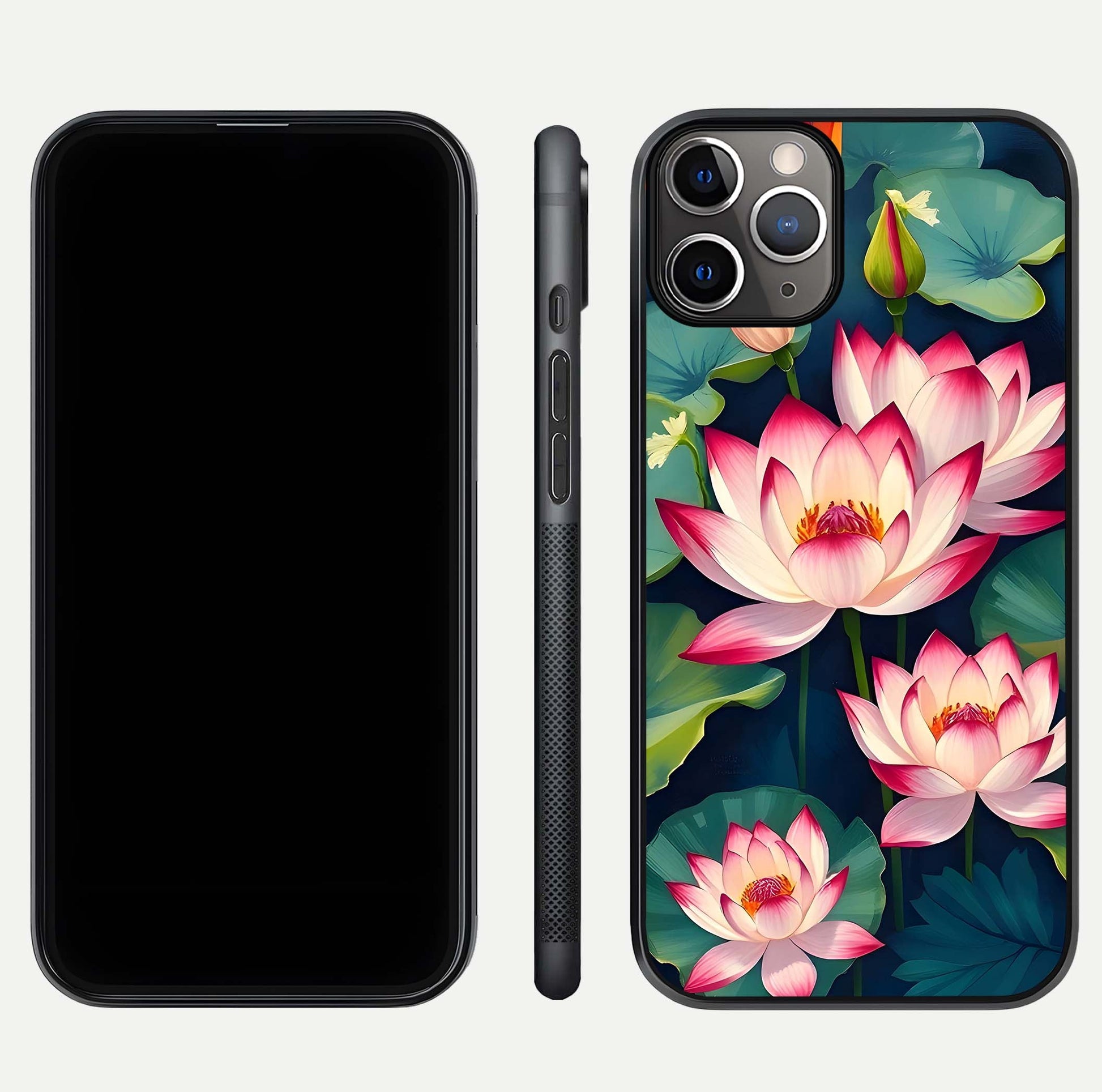 Lotus Dream Serenity Glass Case for iPhone 11 Pro Max close-up angled shot showing floral details and soft shine