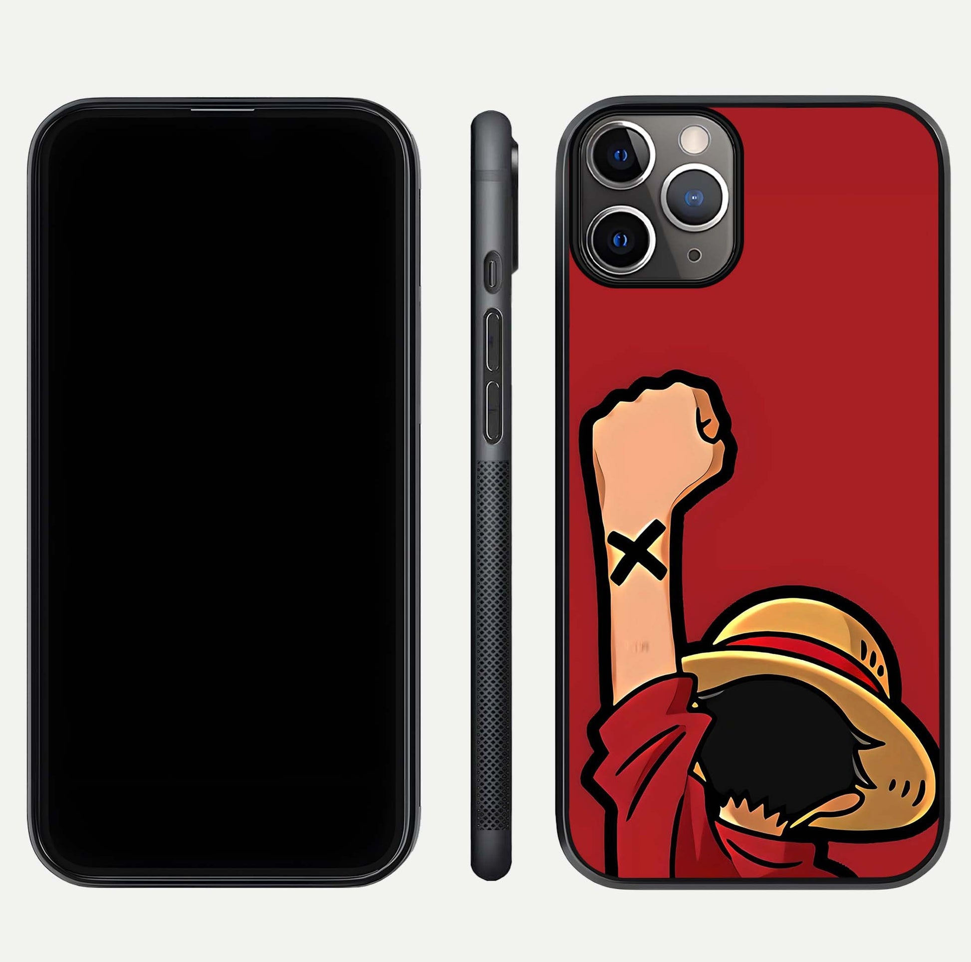 Luffy X Spirit Glass Case for iPhone 11 Pro Max close-up angled shot showing character detailing and gloss texture