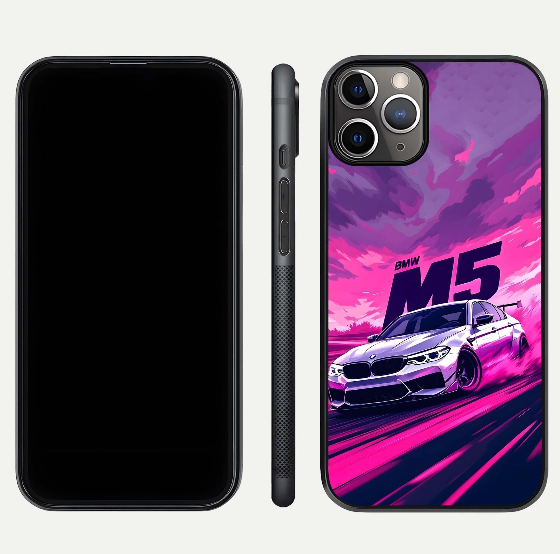 MS Neon Car Glass Case for iPhone 11 Pro Max close-up angled shot showing vivid neon reflections and shine