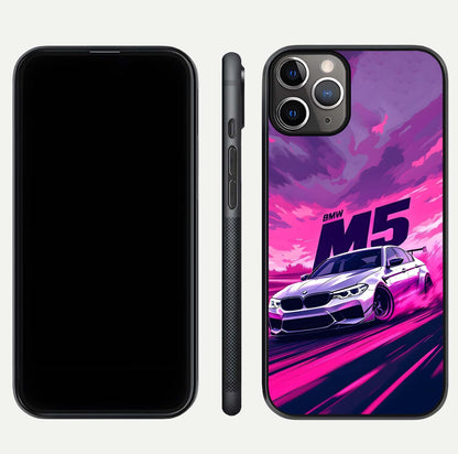 MS Neon Car Glass Case for iPhone 11 Pro Max close-up angled shot showing vivid neon reflections and shine