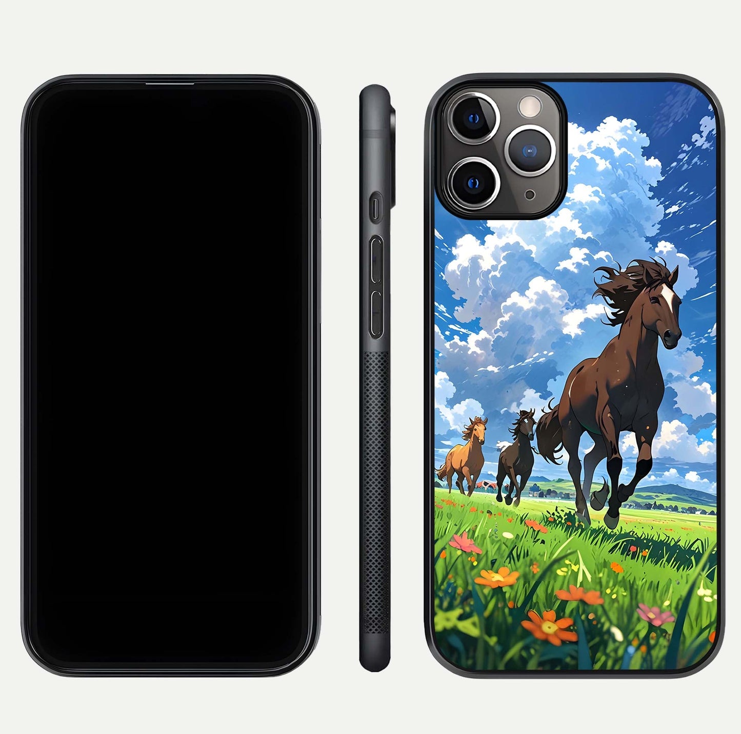 Majestic Horses Galloping Glass Case for iPhone 11 Pro Max close-up angled shot showing horse motion and reflection
