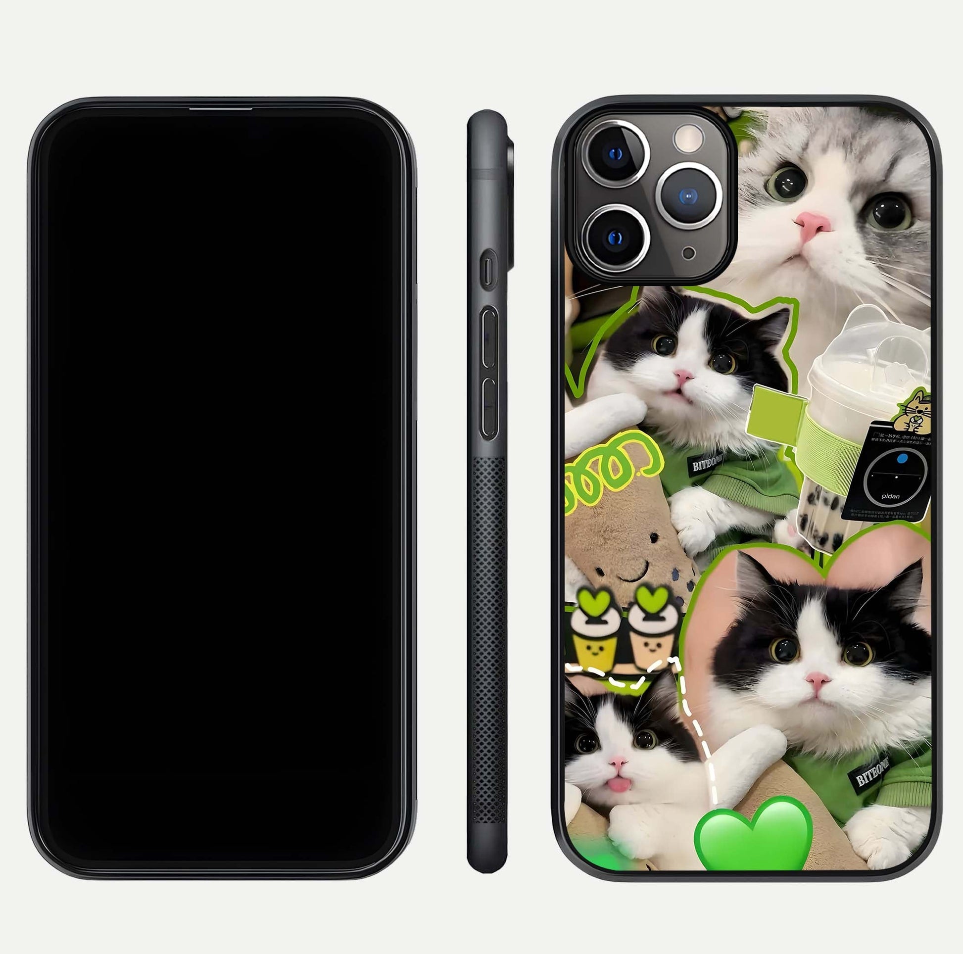 Matcha Cats Mood Glass Case for iPhone 11 Pro Max close-up angled shot showing adorable cat art and reflection detail