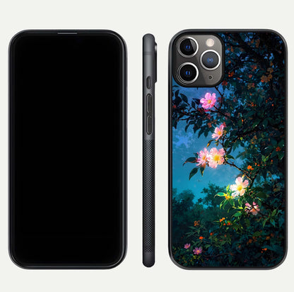 Midnight Bloom Glow Glass Case for iPhone 11 Pro Max close-up angled shot showing petal highlights and glow reflection