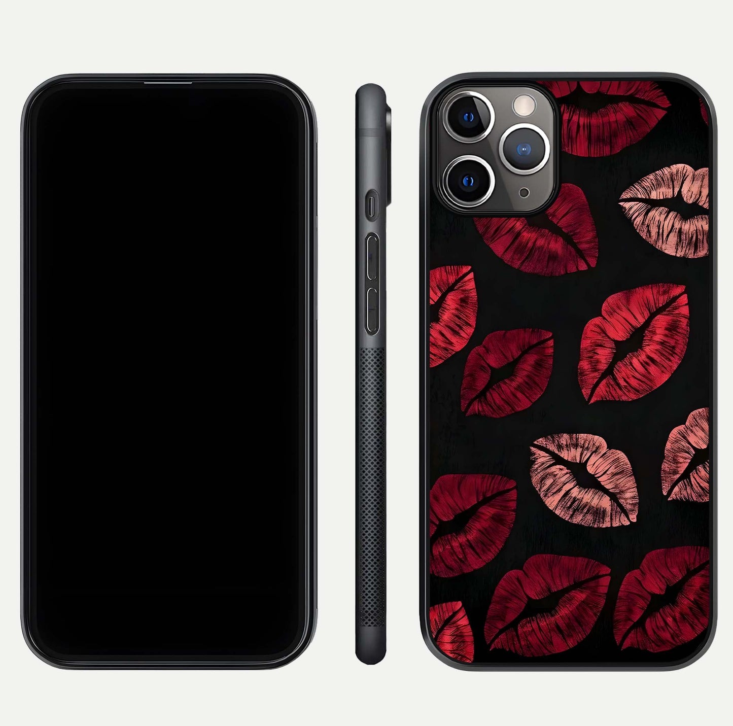 Midnight Kiss Love Glass Case for iPhone 11 Pro Max close-up angle highlighting red accents and reflection shine