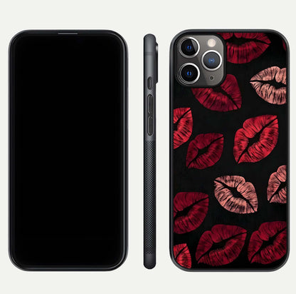 Midnight Kiss Love Glass Case for iPhone 11 Pro Max close-up angle highlighting red accents and reflection shine