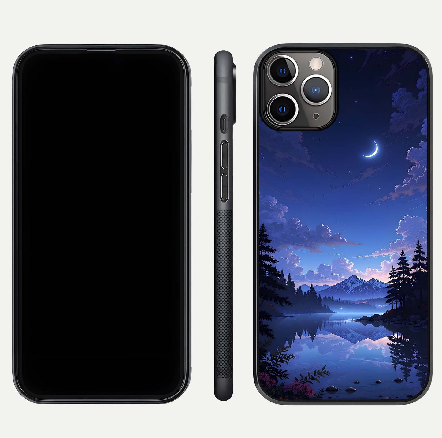 Midnight Lake Peace Glass Case for iPhone 11 Pro Max close-up angled shot showing blue night tones and reflection