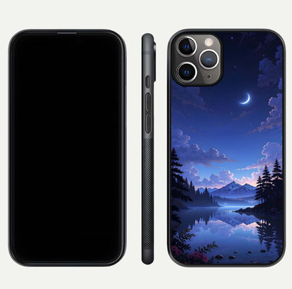 Midnight Lake Peace Glass Case for iPhone 11 Pro Max close-up angled shot showing blue night tones and reflection