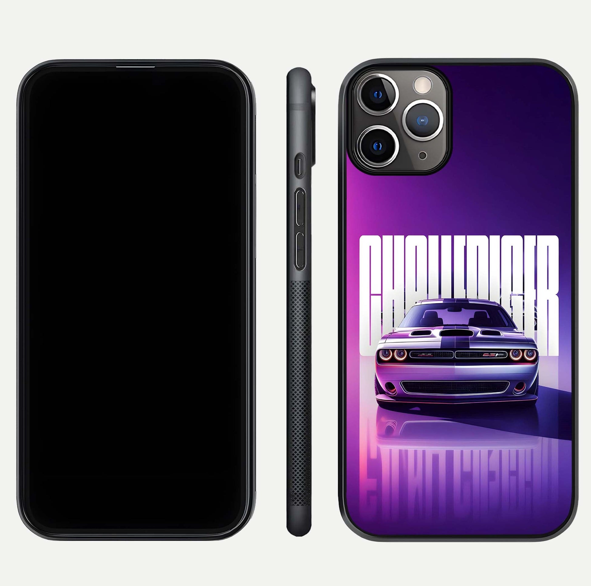 Midnight Muscle Ride Glass Case for iPhone 11 Pro Max close-up angled shot showing HD reflections and car details