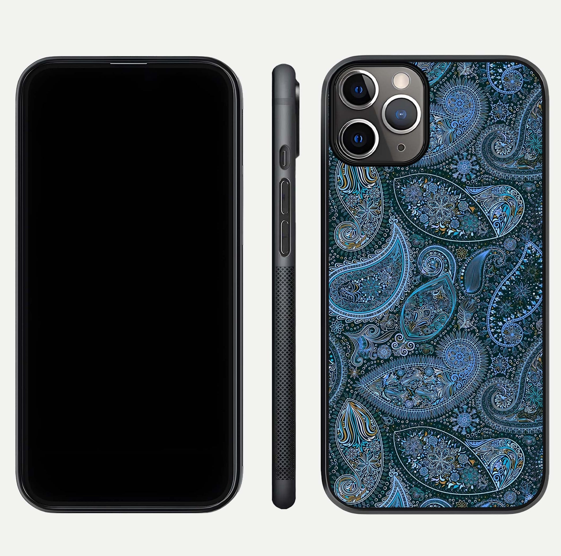 Midnight Paisley Glow Glass Case for iPhone 11 Pro Max close-up angled shot showing floral details and gloss texture