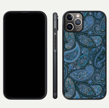 Midnight Paisley Glow Glass Case for iPhone 11 Pro Max close-up angled shot showing floral details and gloss texture