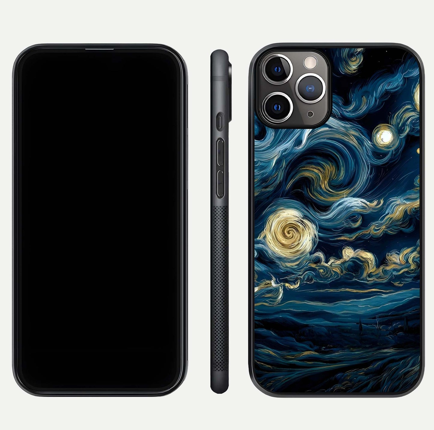 Midnight Sky Whirl Glass Case for iPhone 11 Pro Max close-up angle showing spiral design and HD gloss reflection