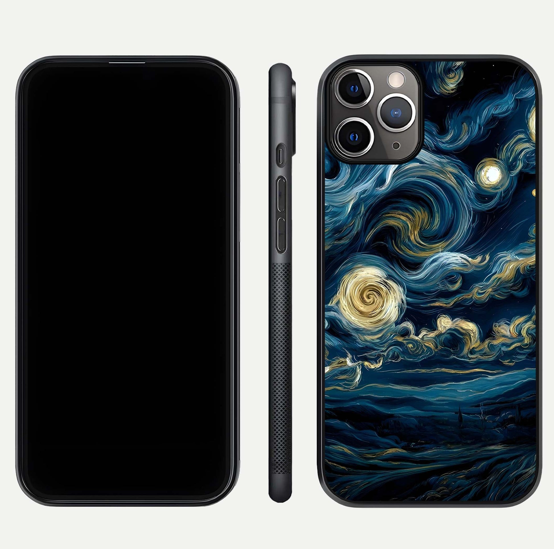 Midnight Sky Whirl Glass Case for iPhone 11 Pro Max close-up angle showing spiral design and HD gloss reflection