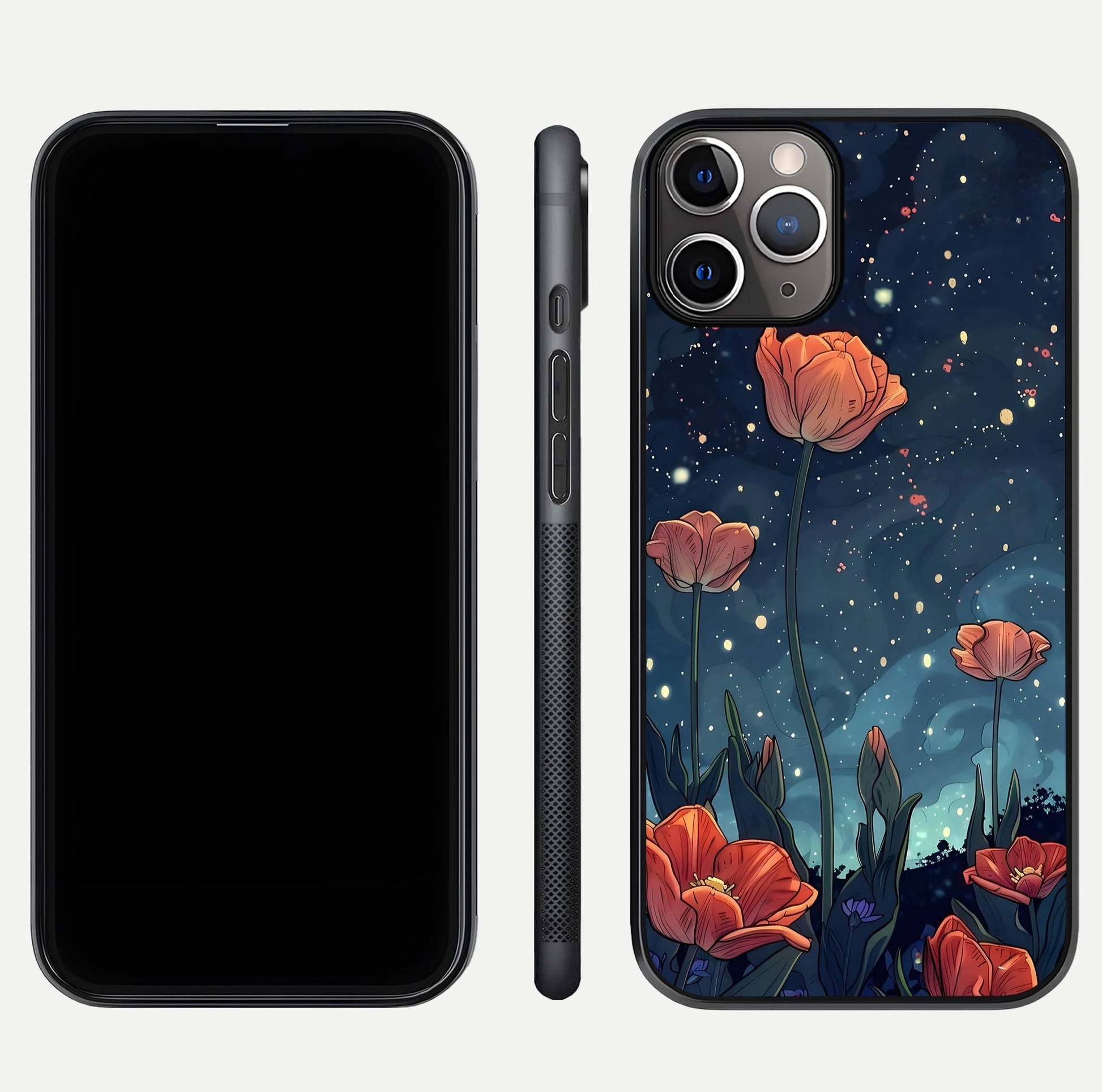 Midnight Tulip Glow Glass Case for iPhone 11 Pro Max close-up angled shot showing petal details and reflection glow