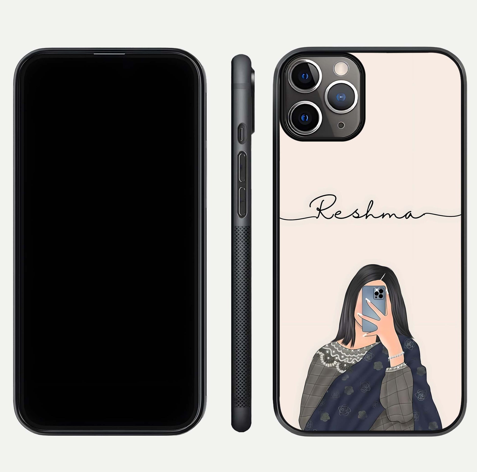Mirror Mood Muse Custom Name Glass Case for iPhone 11 Pro Max close-up angled shot highlighting gloss and mirror depth