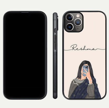 Mirror Mood Muse Custom Name Glass Case for iPhone 11 Pro Max close-up angled shot highlighting gloss and mirror depth