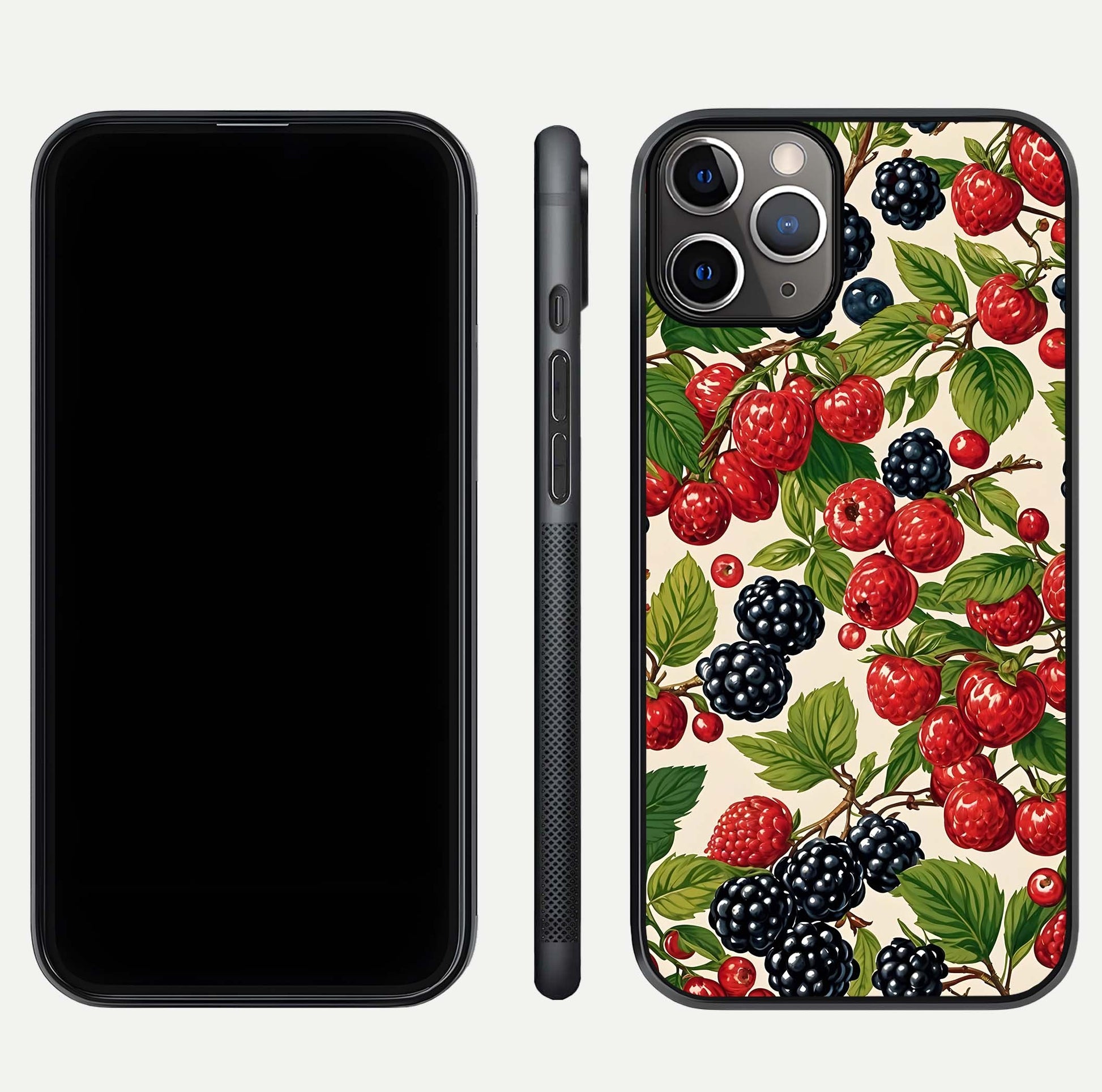 Mixed Berry Collage Glass Case for iPhone 11 Pro Max close-up angled shot showing fruit detail and reflection glow