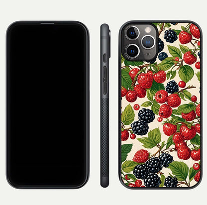 Mixed Berry Collage Glass Case for iPhone 11 Pro Max close-up angled shot showing fruit detail and reflection glow