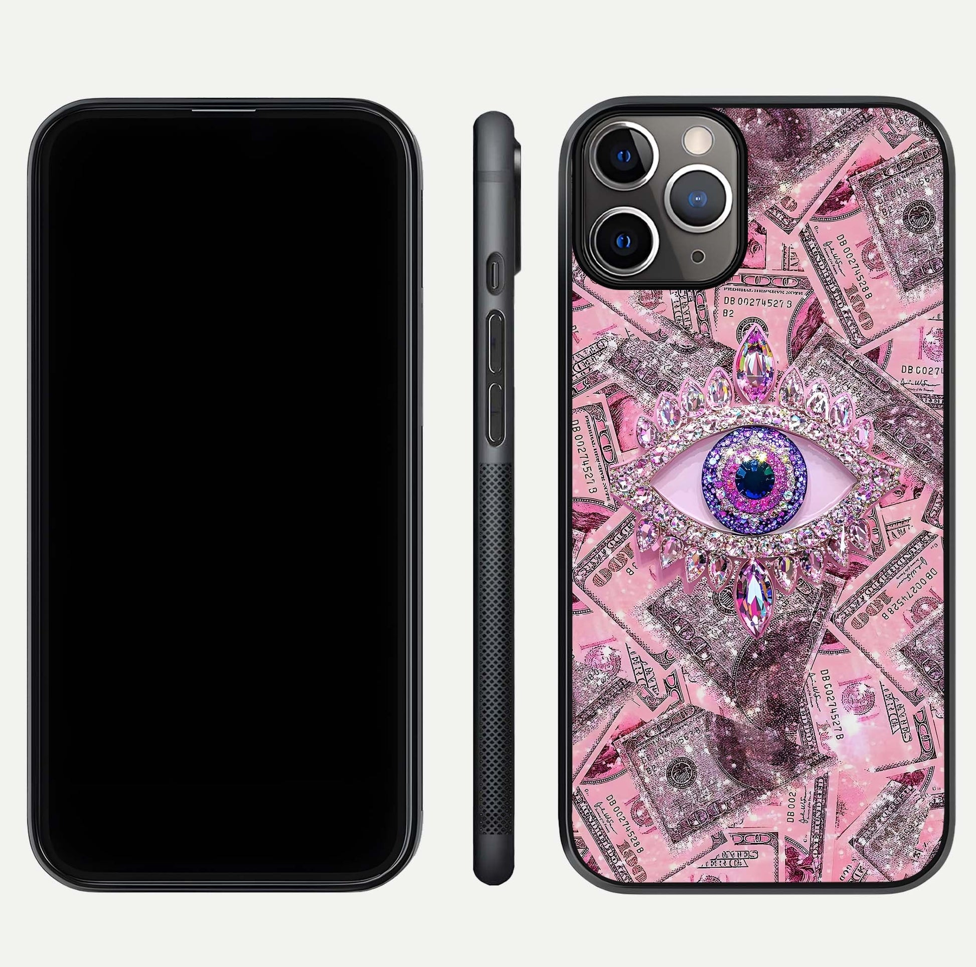 Money Eye Luxe Glass Case for iPhone 11 Pro Max close-up angled shot showing gold detailing and reflection shine