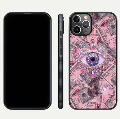 Money Eye Luxe Glass Case for iPhone 11 Pro Max close-up angled shot showing gold detailing and reflection shine