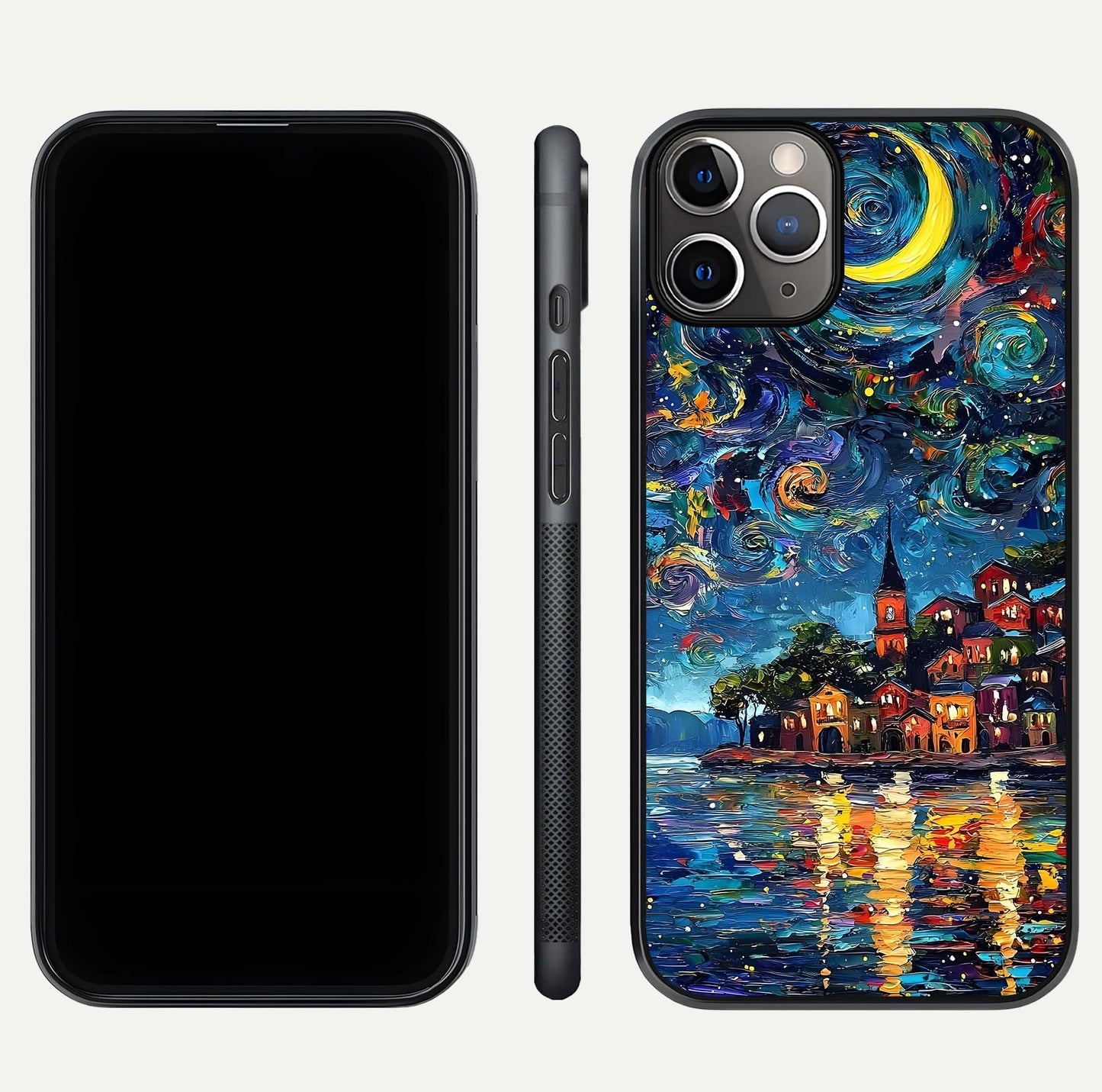Moonlight Harbor Glow Glass Case for iPhone 11 Pro Max close-up angled shot showing reflection and moonlight glow