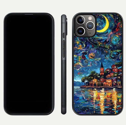 Moonlight Harbor Glow Glass Case for iPhone 11 Pro Max close-up angled shot showing reflection and moonlight glow