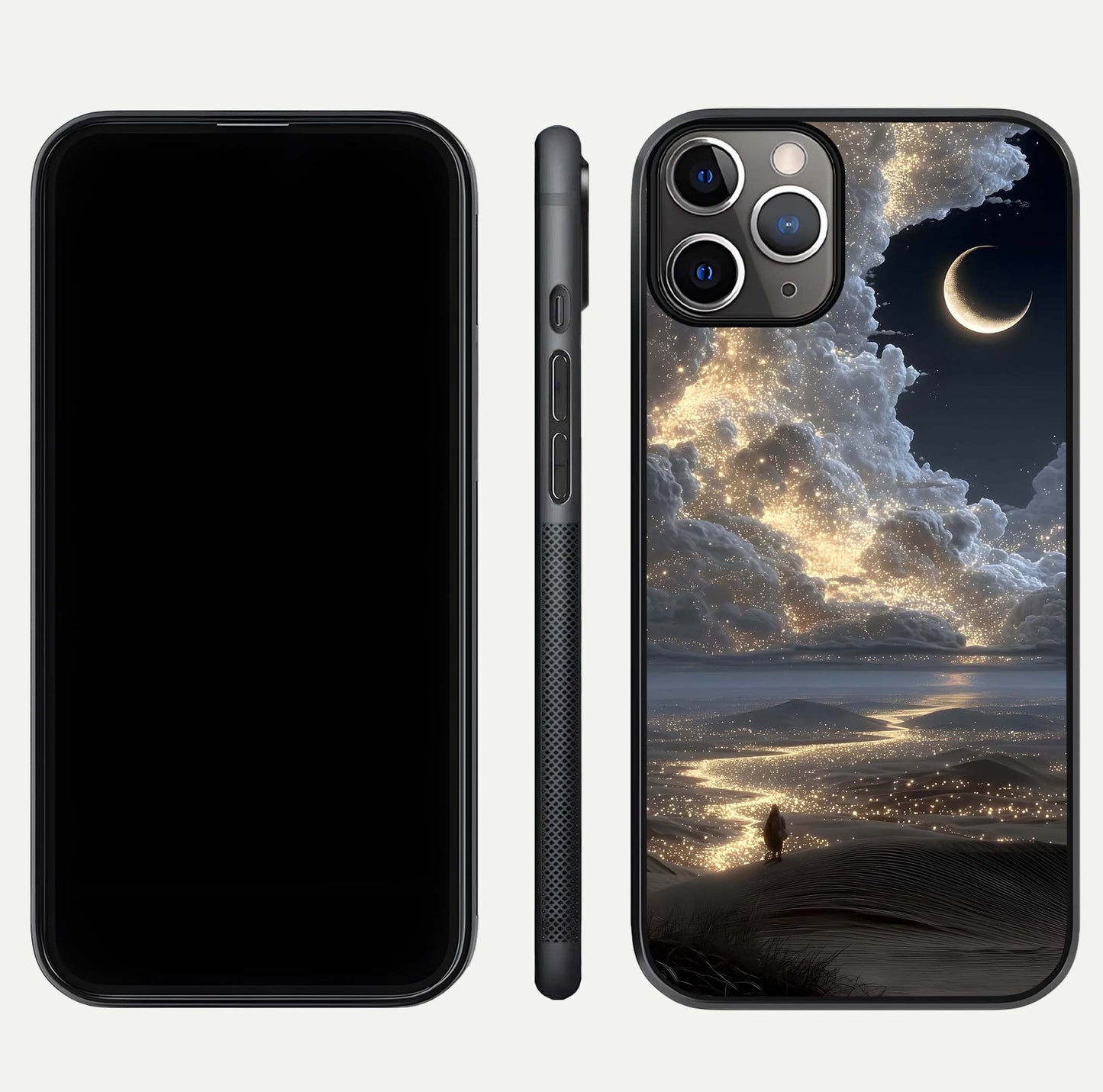 Moonlight Spark Path Glass Case for iPhone 11 Pro Max close-up angled shot showing glowing stars and reflection
