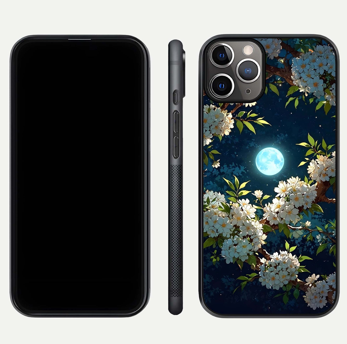 Moonlit Blossom Dream Glass Case for iPhone 11 Pro Max close-up angled shot showing glowing petals and reflection