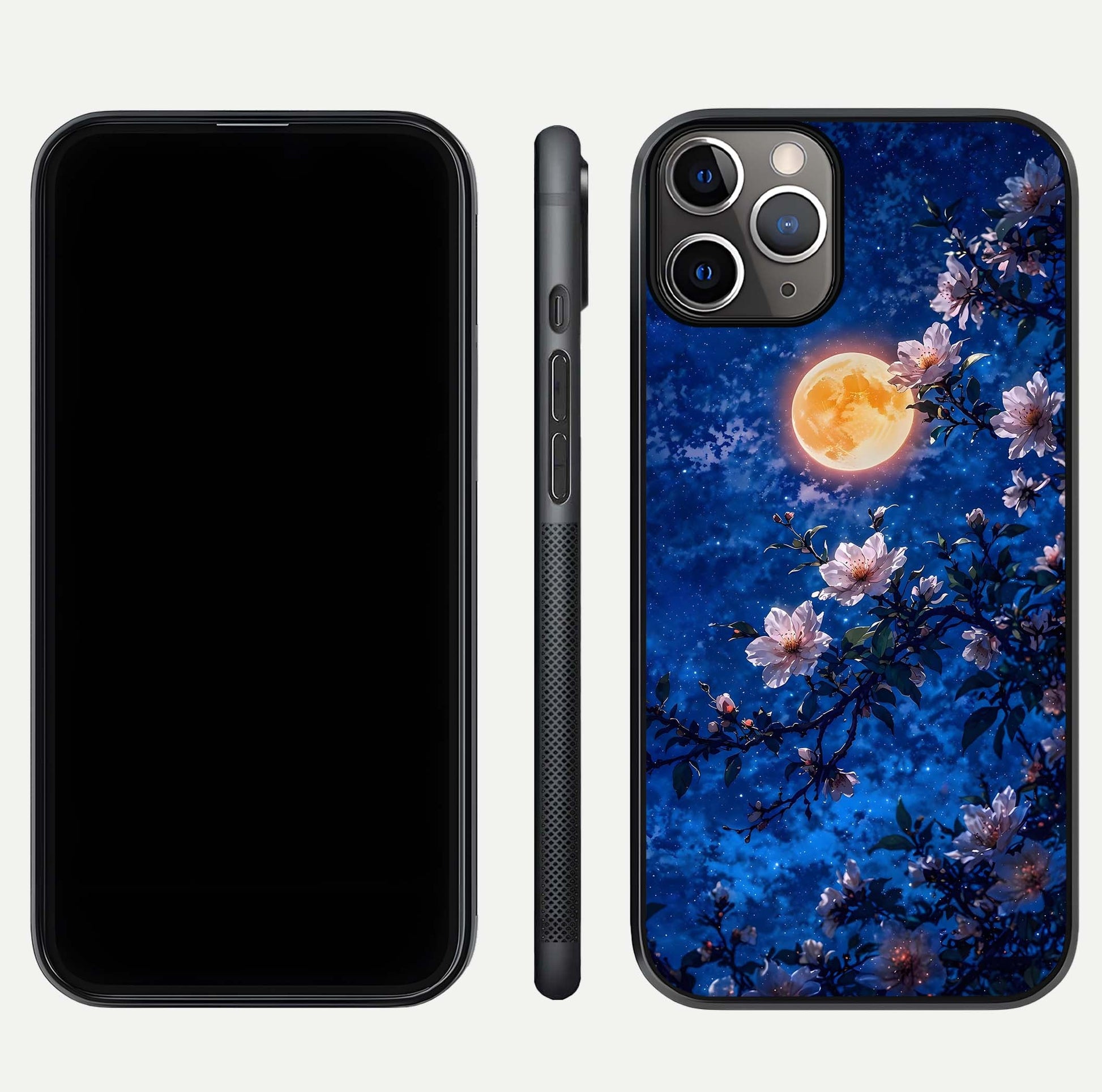 Moonlit Blossoms Night Glass Case for iPhone 11 Pro Max close-up angled shot showing petal glow and reflection detail