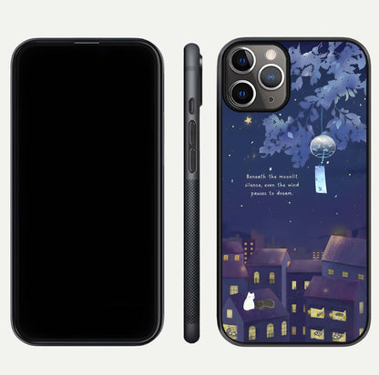 Moonlit Cat Silence Glass Case for iPhone 11 Pro Max close-up angled shot showing soft glow and reflection texture