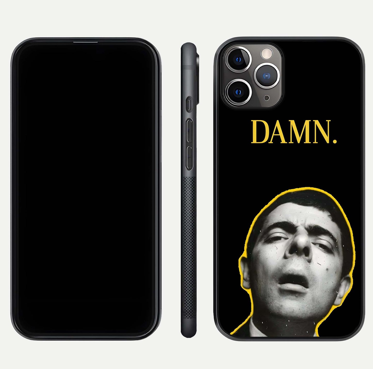 Mr Bean Damn Glass Case for iPhone 11 Pro Max close-up angled shot highlighting comic expression and shine detail