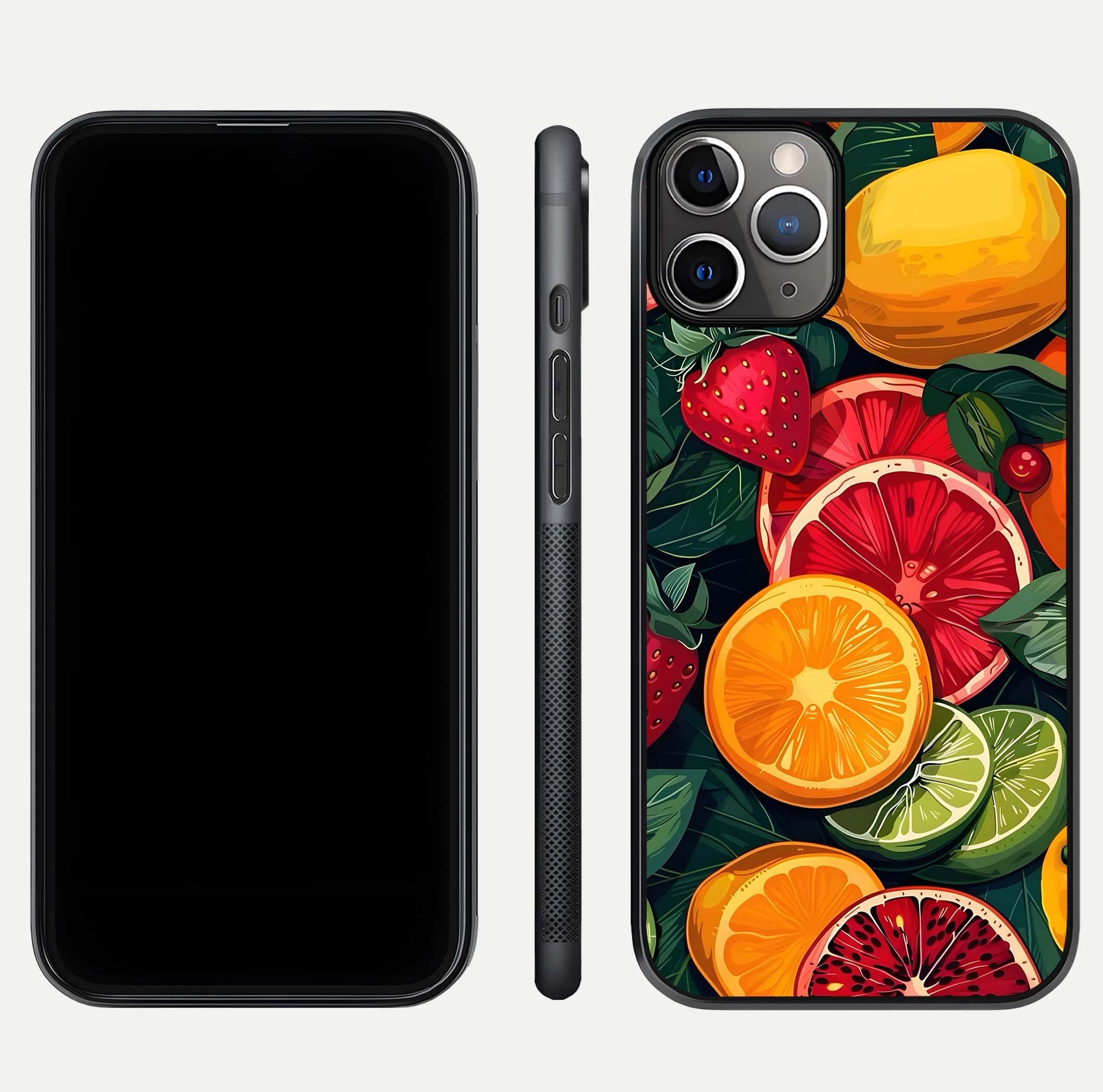Multiple Fruits Glass Case for iPhone 11 Pro Max close-up angled shot showing fruit texture and HD gloss shine